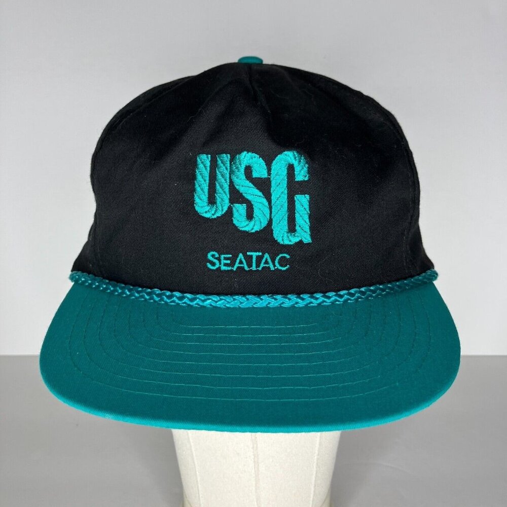 Vintage USG SeaTac Washington Black Teal Snapback Hat Cap